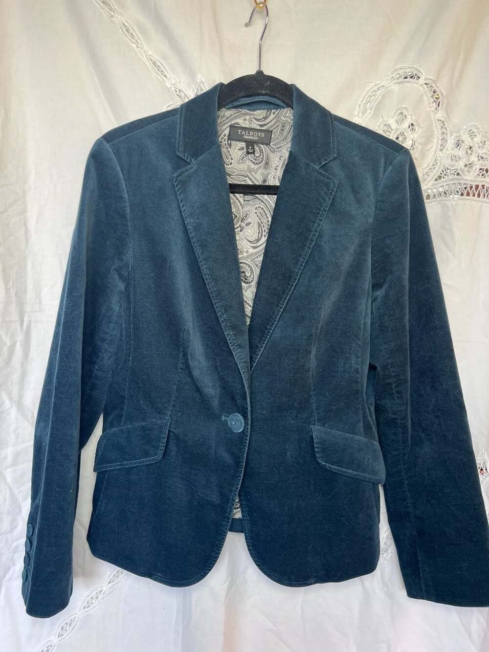 Talbots Teal Velvet Single Button Blazer with Paisley Lining Size 8